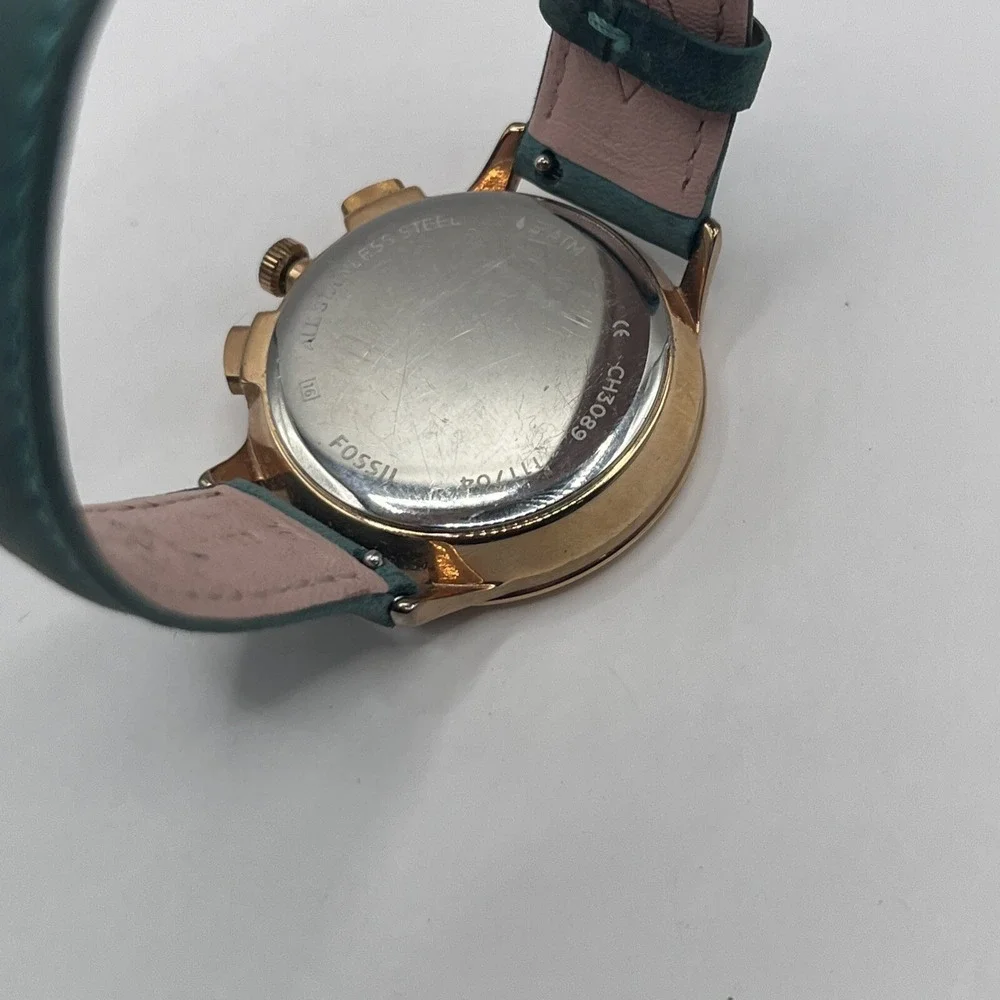 Fossil Abilene Chronograph Teal Leather‎ Strap Watch CH3089- New Battery!